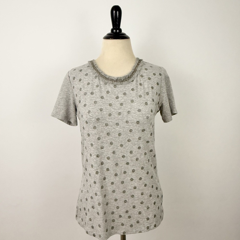 MAXMARA WEEKEND Gray TOP M Silver Beaded T-Shirt Polka Dot Ruffle Party Tissue - Picture 4 of 16